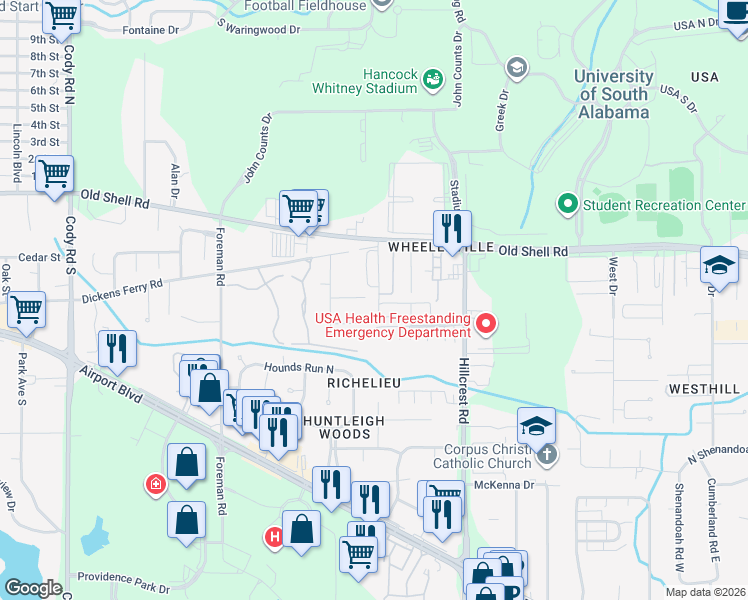 map of restaurants, bars, coffee shops, grocery stores, and more near 6551 Dickens Ferry Road in Mobile