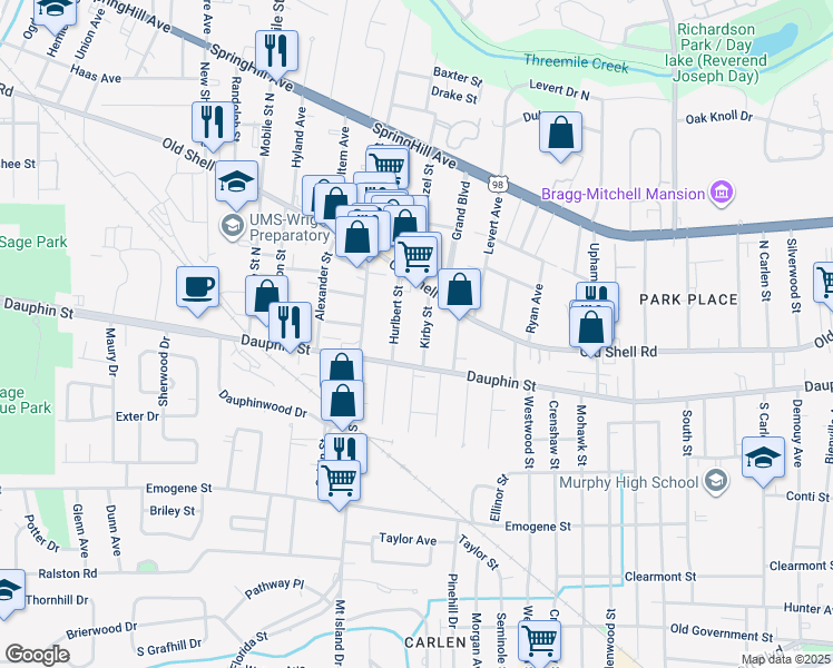 map of restaurants, bars, coffee shops, grocery stores, and more near 17 Kirby Street in Mobile