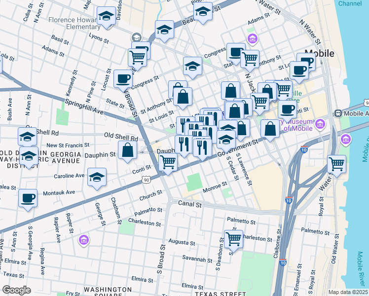 map of restaurants, bars, coffee shops, grocery stores, and more near 711 Dauphin Street in Mobile
