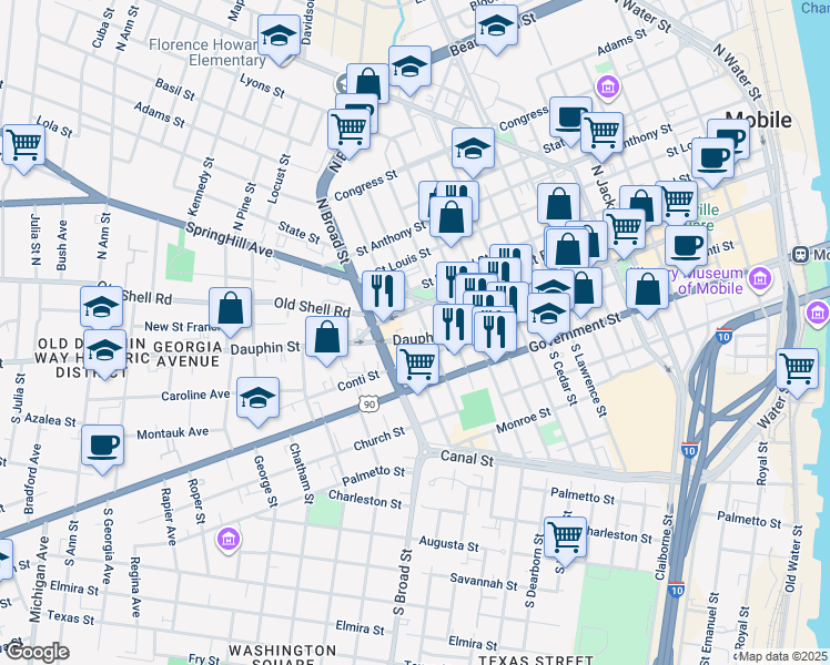 map of restaurants, bars, coffee shops, grocery stores, and more near 7 North Bayou Street in Mobile