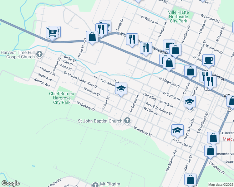 map of restaurants, bars, coffee shops, grocery stores, and more near 1000-1098 Rev. E.D. Alfred Street in Ville Platte
