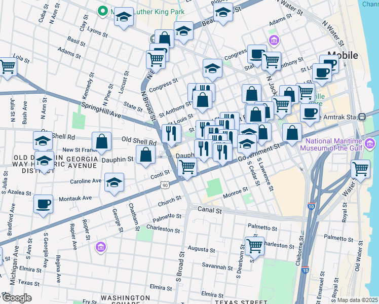 map of restaurants, bars, coffee shops, grocery stores, and more near 7 North Bayou Street in Mobile