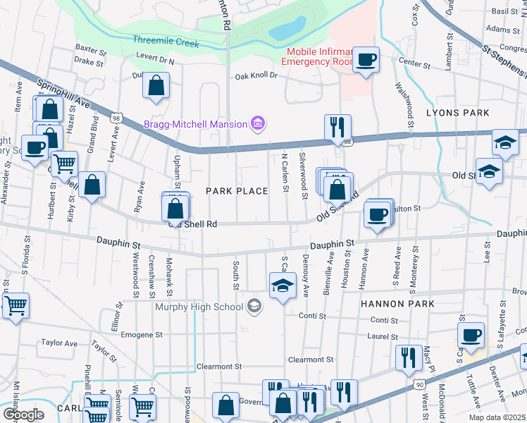 map of restaurants, bars, coffee shops, grocery stores, and more near 109 Margaret Street in Mobile