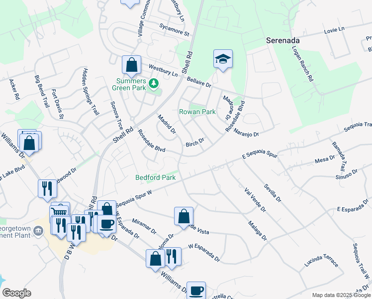 map of restaurants, bars, coffee shops, grocery stores, and more near 4506 Madrid Drive in Georgetown