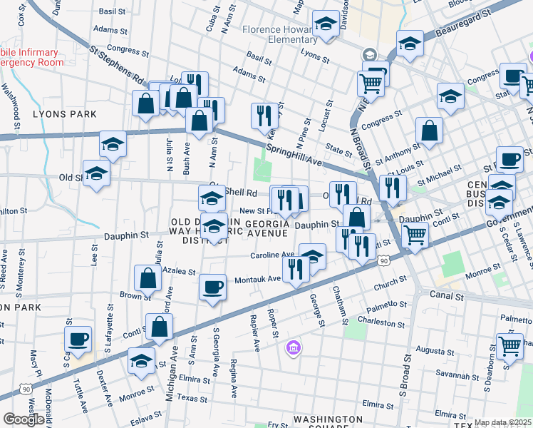 map of restaurants, bars, coffee shops, grocery stores, and more near 1158 New Saint Francis Street in Mobile