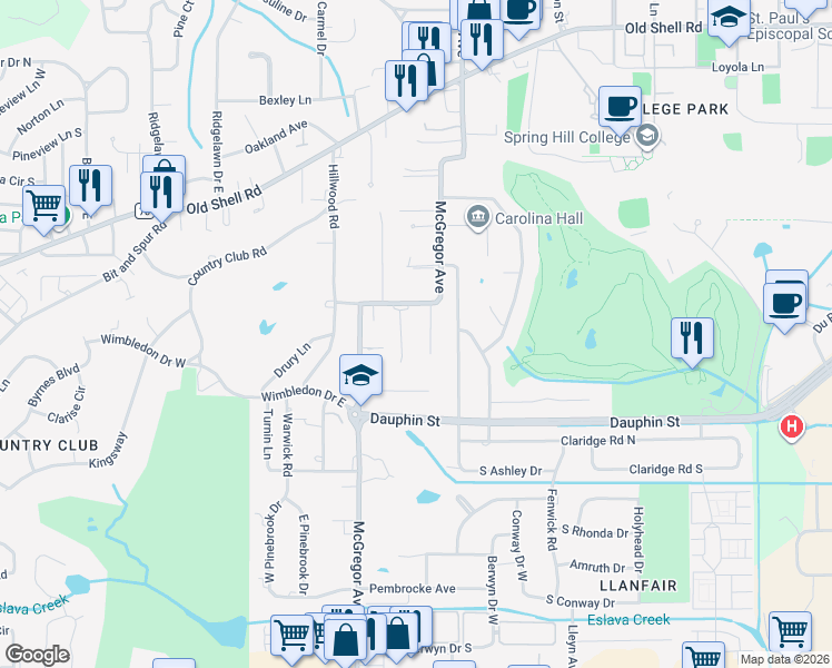 map of restaurants, bars, coffee shops, grocery stores, and more near 153 Oakway Drive in Mobile
