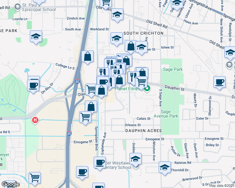 map of restaurants, bars, coffee shops, grocery stores, and more near 11 Midtown Park East in Mobile