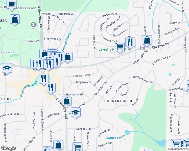 map of restaurants, bars, coffee shops, grocery stores, and more near 4459 Kingswood Drive in Mobile
