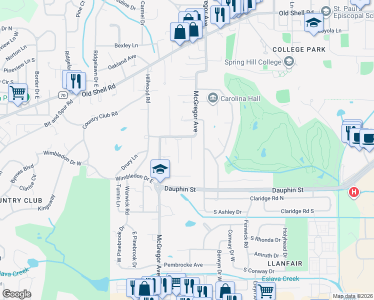 map of restaurants, bars, coffee shops, grocery stores, and more near 153 Oakway Dr in Mobile
