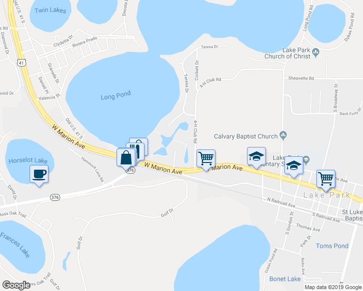 map of restaurants, bars, coffee shops, grocery stores, and more near 224 Baxley Drive in Lake Park