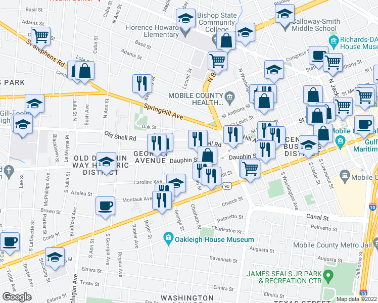 map of restaurants, bars, coffee shops, grocery stores, and more near 997 New Saint Francis Street in Mobile