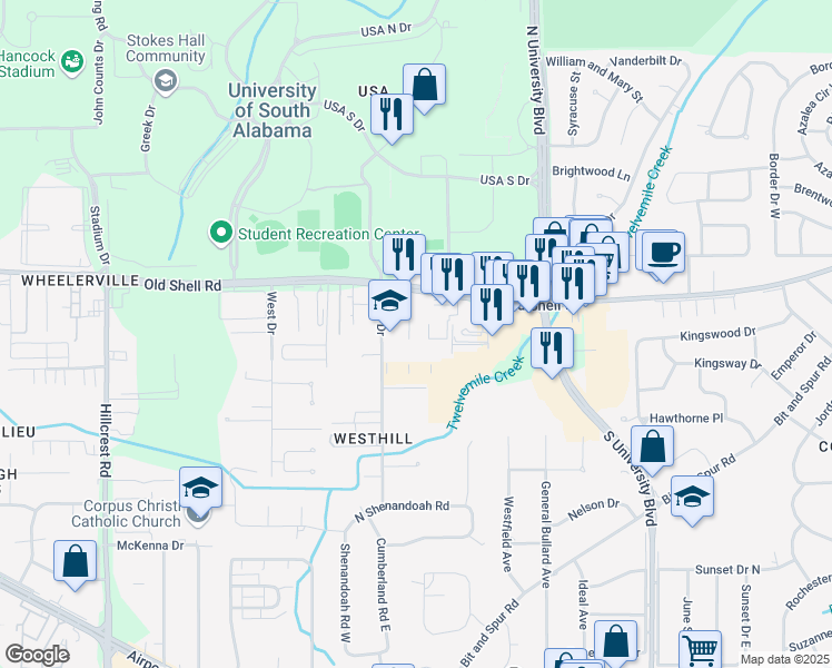 map of restaurants, bars, coffee shops, grocery stores, and more near 71 Allen Drive in Mobile