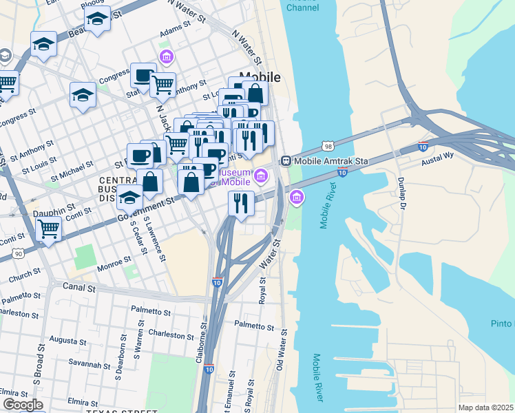 map of restaurants, bars, coffee shops, grocery stores, and more near 104 Theatre Street in Mobile