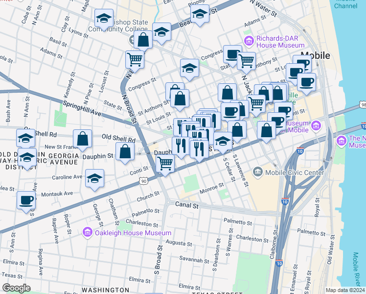 map of restaurants, bars, coffee shops, grocery stores, and more near 711 Dauphin Street in Mobile