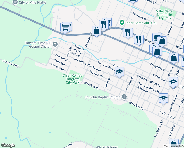 map of restaurants, bars, coffee shops, grocery stores, and more near 1308 West Peach Street in Ville Platte