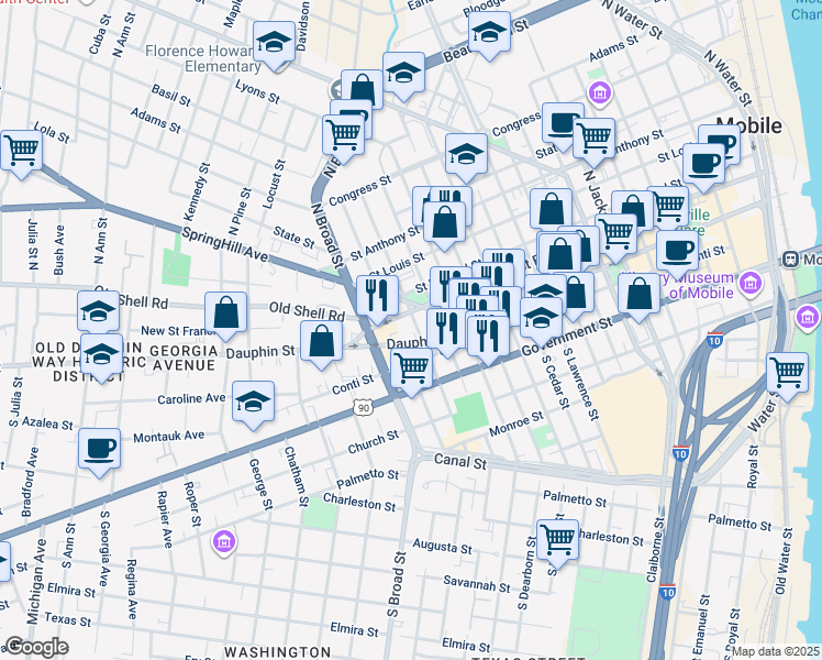 map of restaurants, bars, coffee shops, grocery stores, and more near 7 N Bayou St in Mobile
