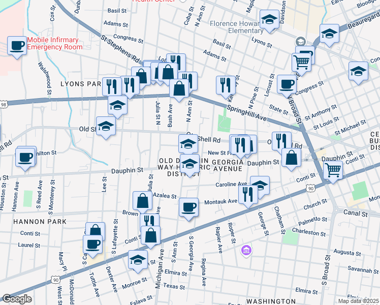 map of restaurants, bars, coffee shops, grocery stores, and more near 16 N Ann St in Mobile