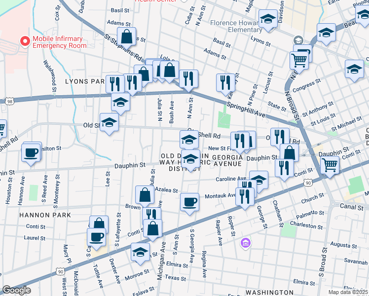 map of restaurants, bars, coffee shops, grocery stores, and more near 16 North Ann Street in Mobile