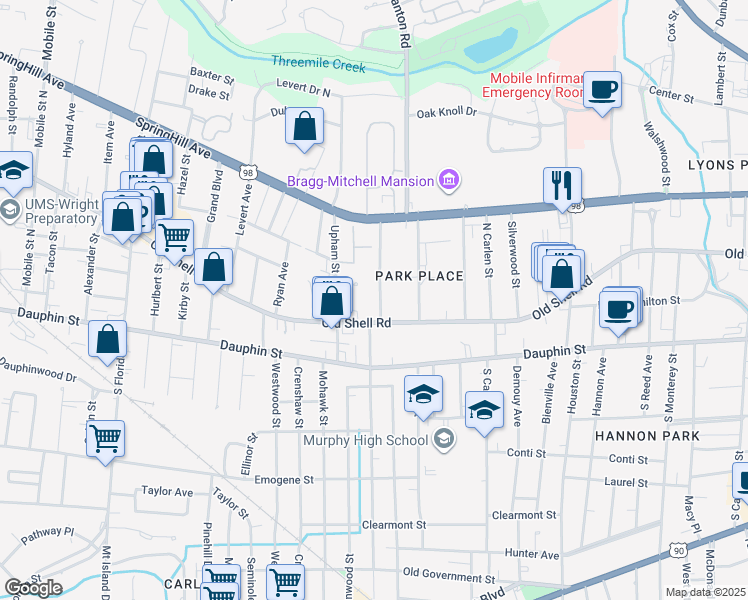 map of restaurants, bars, coffee shops, grocery stores, and more near 110 Florence Place in Mobile