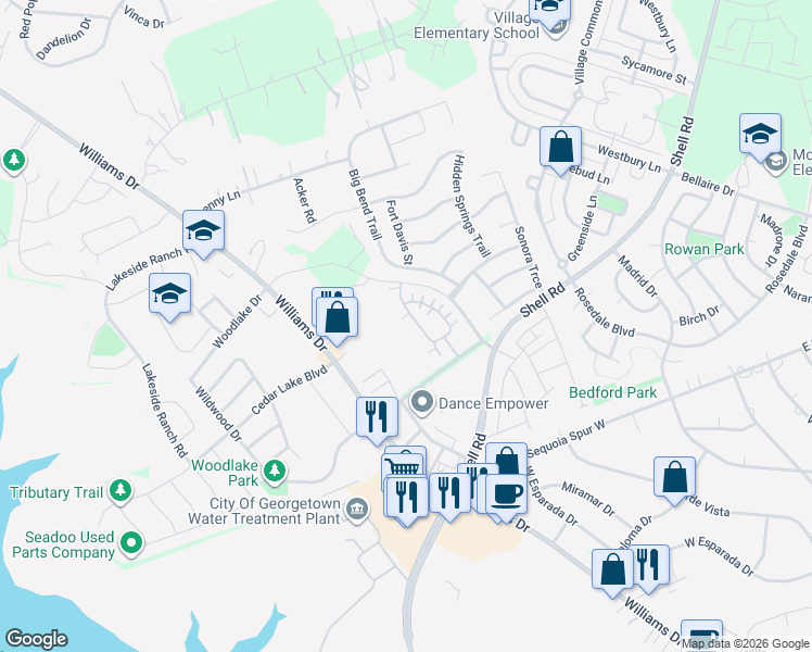 map of restaurants, bars, coffee shops, grocery stores, and more near 30 Wildwood Drive in Georgetown
