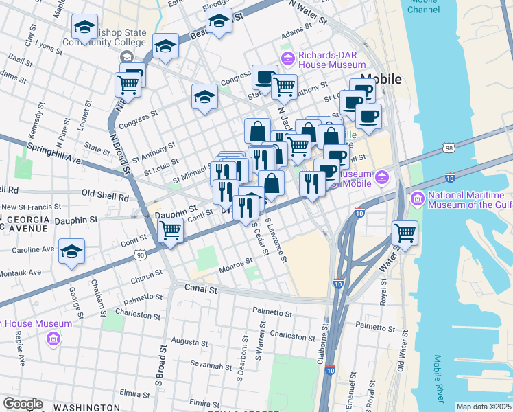 map of restaurants, bars, coffee shops, grocery stores, and more near 504 Government Street in Mobile