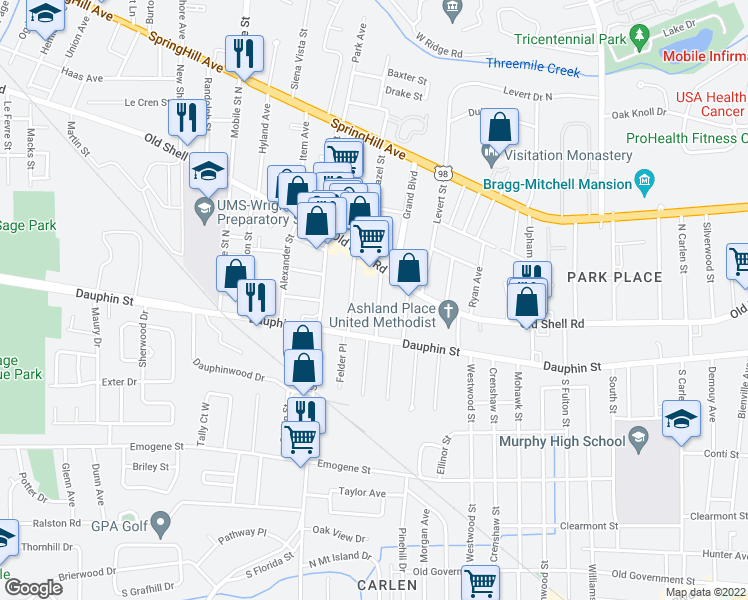 map of restaurants, bars, coffee shops, grocery stores, and more near 17 Kirby Street in Mobile