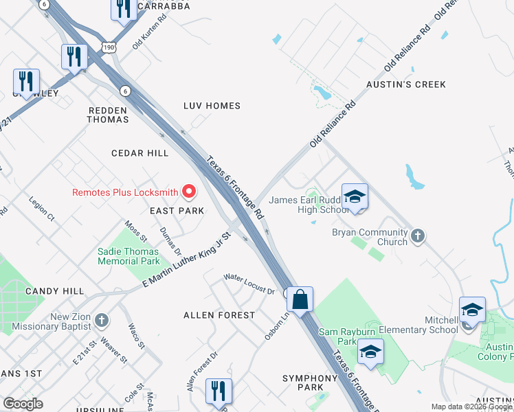 map of restaurants, bars, coffee shops, grocery stores, and more near in Bryan