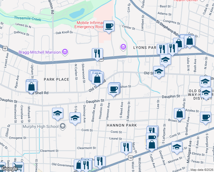 map of restaurants, bars, coffee shops, grocery stores, and more near 1760 New Hamilton Street in Mobile