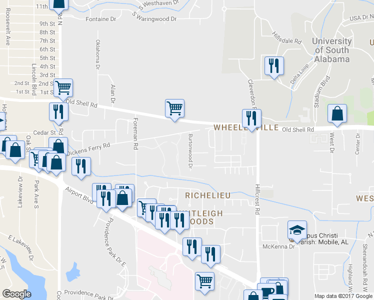 map of restaurants, bars, coffee shops, grocery stores, and more near 78 Burtonwood Drive in Mobile