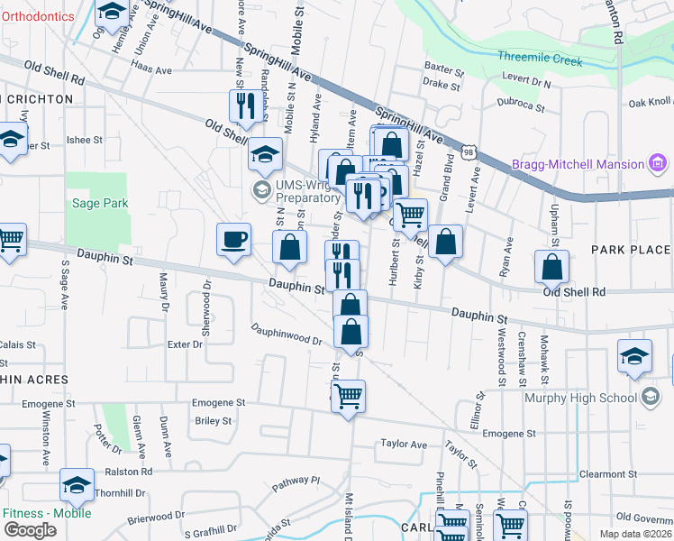 map of restaurants, bars, coffee shops, grocery stores, and more near 12 Alexander Street in Mobile