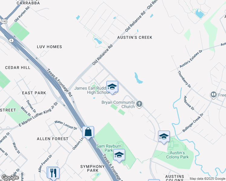 map of restaurants, bars, coffee shops, grocery stores, and more near 3251 Austins Colony Parkway in Bryan