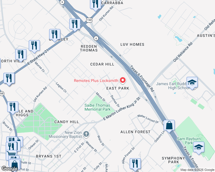 map of restaurants, bars, coffee shops, grocery stores, and more near 800 Dumas Drive in Bryan