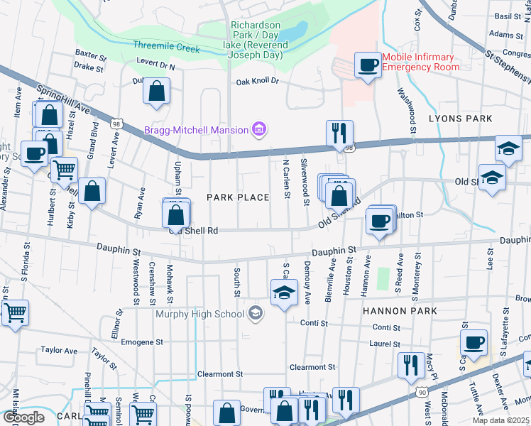 map of restaurants, bars, coffee shops, grocery stores, and more near 109 Margaret Street in Mobile