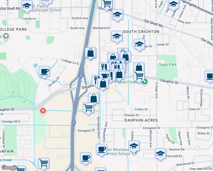 map of restaurants, bars, coffee shops, grocery stores, and more near 3247 Dauphin Street in Mobile