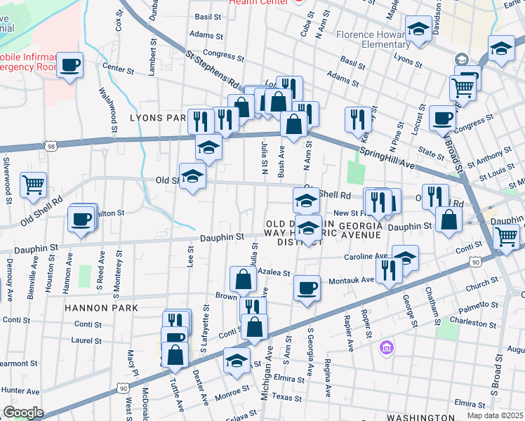 map of restaurants, bars, coffee shops, grocery stores, and more near 17 N Julia St in Mobile