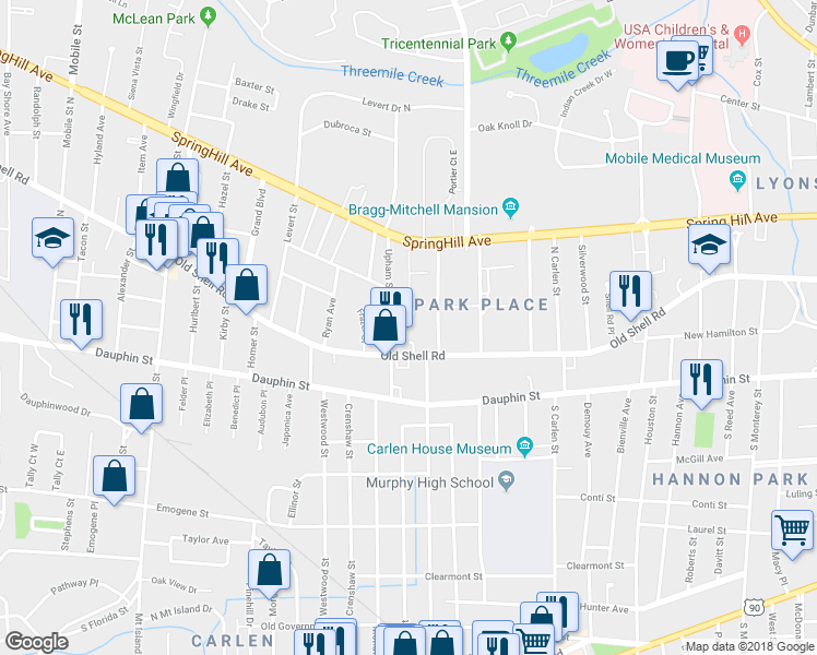 map of restaurants, bars, coffee shops, grocery stores, and more near 66 Upham Street in Mobile