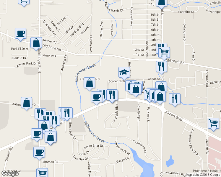 map of restaurants, bars, coffee shops, grocery stores, and more near 90 Border Circle West in Mobile
