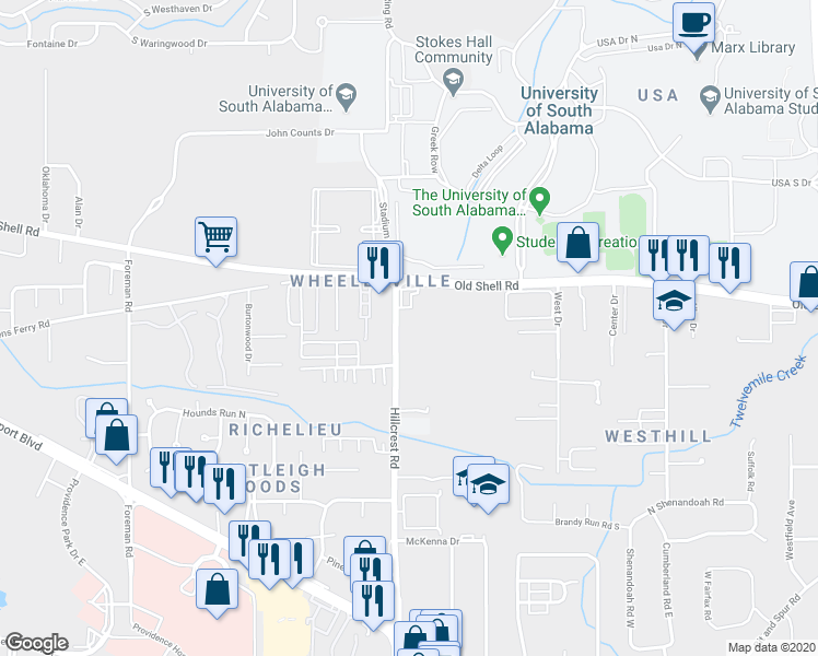 map of restaurants, bars, coffee shops, grocery stores, and more near 75 Hillcrest Road in Mobile