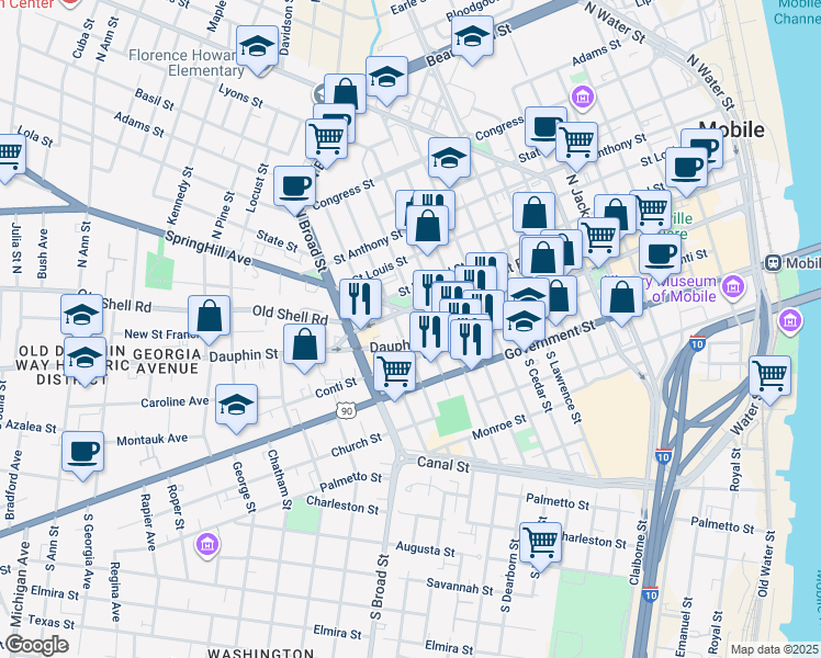 map of restaurants, bars, coffee shops, grocery stores, and more near 753 Saint Francis Street in Mobile