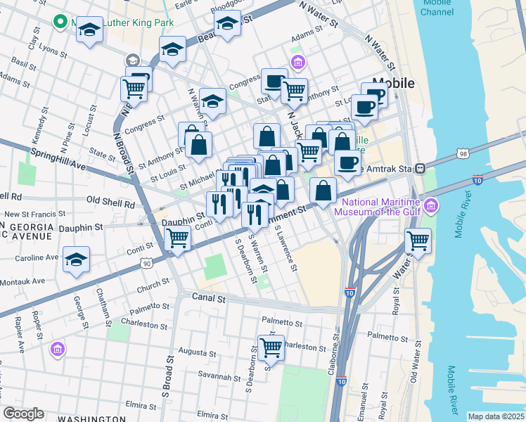 map of restaurants, bars, coffee shops, grocery stores, and more near 504 Government Street in Mobile
