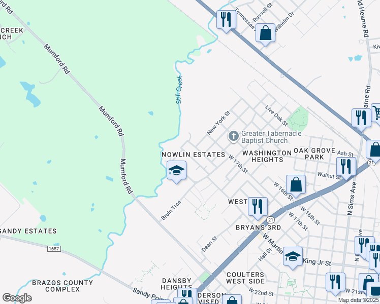 map of restaurants, bars, coffee shops, grocery stores, and more near 1806 Nevada Street in Bryan