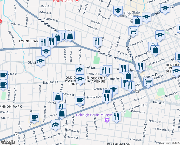 map of restaurants, bars, coffee shops, grocery stores, and more near 1210 New Saint Francis Street in Mobile