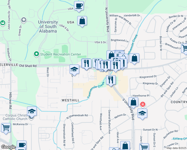 map of restaurants, bars, coffee shops, grocery stores, and more near 5803 Old Shell Road in Mobile