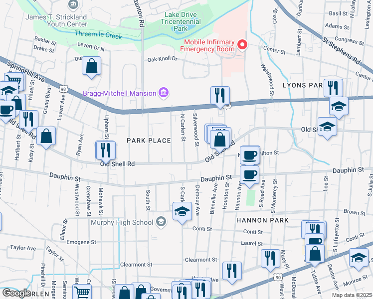 map of restaurants, bars, coffee shops, grocery stores, and more near 112 North Carlen Street in Mobile