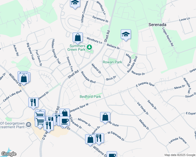 map of restaurants, bars, coffee shops, grocery stores, and more near 1118 Boxwood Loop in Georgetown