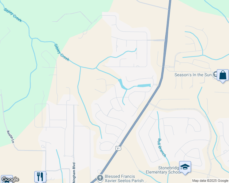 map of restaurants, bars, coffee shops, grocery stores, and more near Badger Court in Spanish Fort