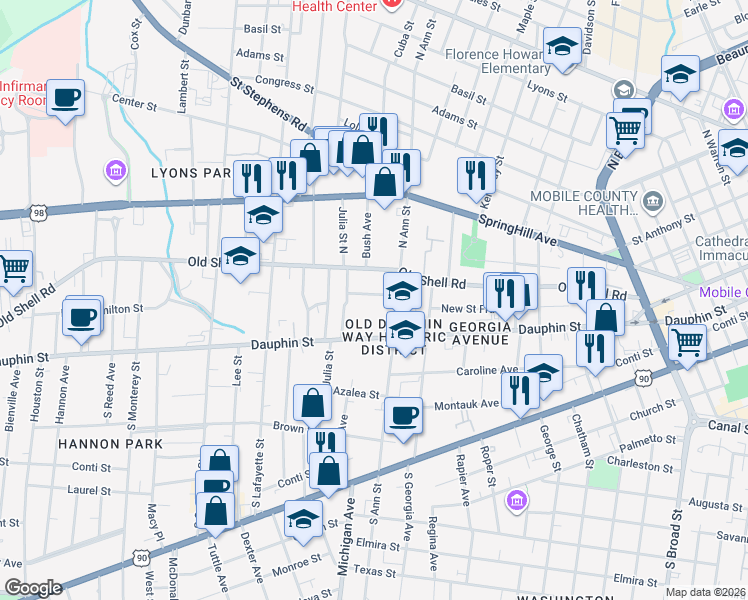 map of restaurants, bars, coffee shops, grocery stores, and more near 15 North Ann Street in Mobile