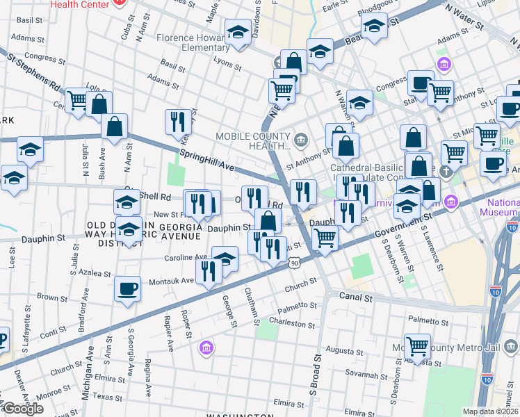 map of restaurants, bars, coffee shops, grocery stores, and more near 965 Old Shell Road in Mobile