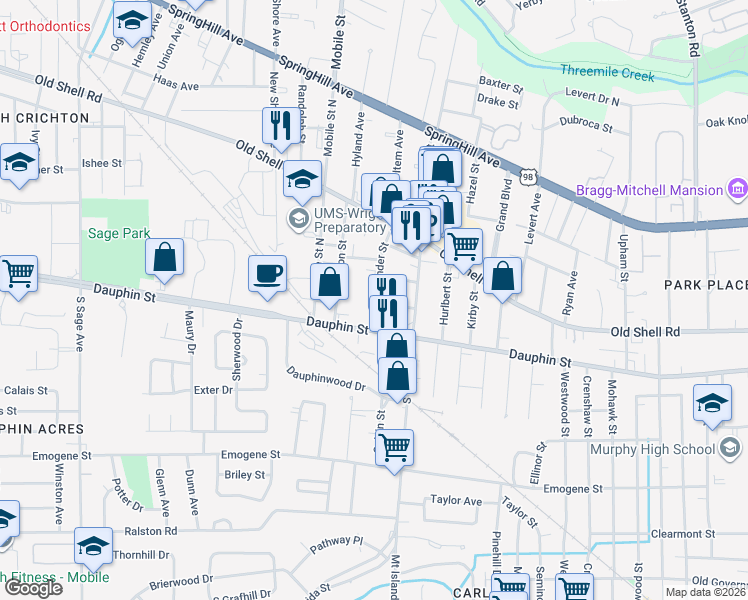 map of restaurants, bars, coffee shops, grocery stores, and more near 15 Alexander Street in Mobile