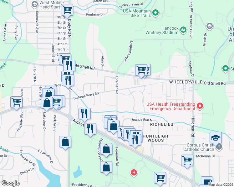 map of restaurants, bars, coffee shops, grocery stores, and more near 6855 Dickens Ferry Road in Mobile